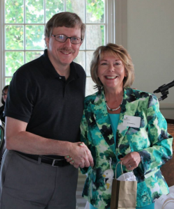 Bill Betlej, left, with President Pamela Fox at the Mary Baldwin employee recognition breakfast in 2015.